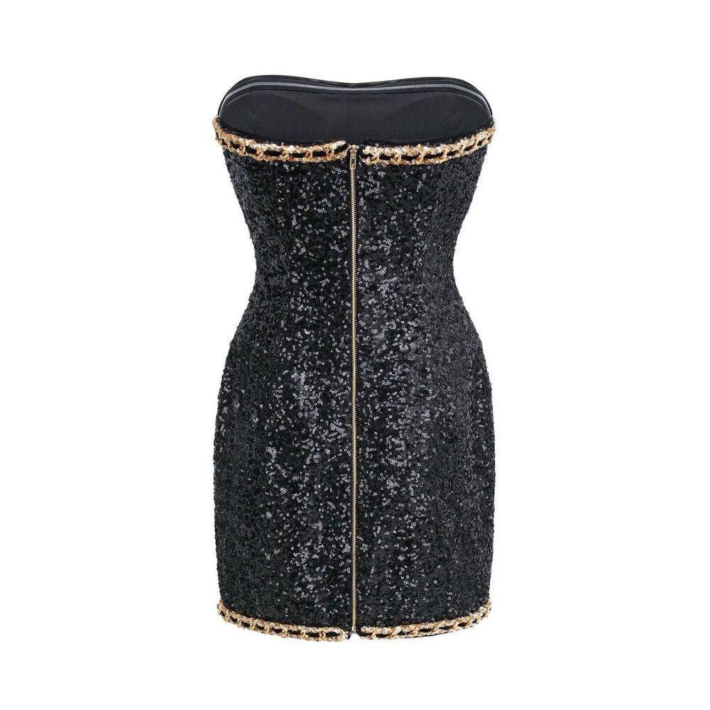 Miss Rosier Eulalia black embellished mini dress Sz S Sequin Gold Party Cocktail - Picture 3 of 16